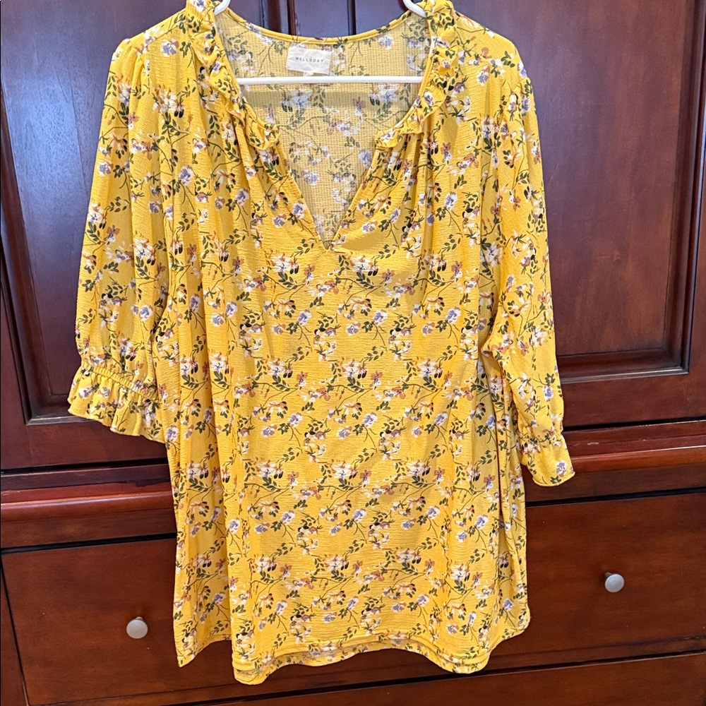 MELLODAY Yellow Floral V-Neck Tunic